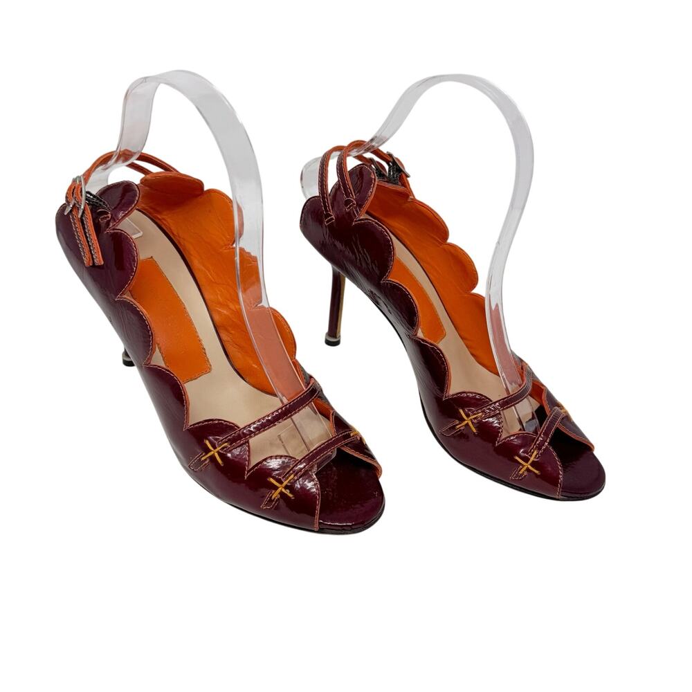 Manolo Blahnik Vintage Y2K Scalloped Patent Pump Burgundy Orange 38.5